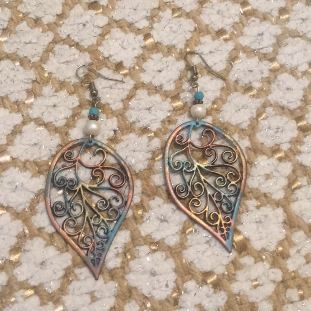 Copper Turquoise Large Lightweight Leaf Earrings - image 2
